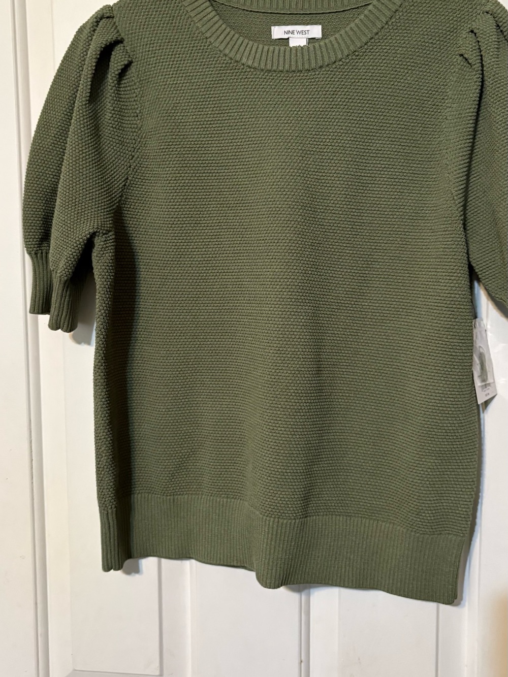 Nine West Olive Green Textured Crew Neck Sweater